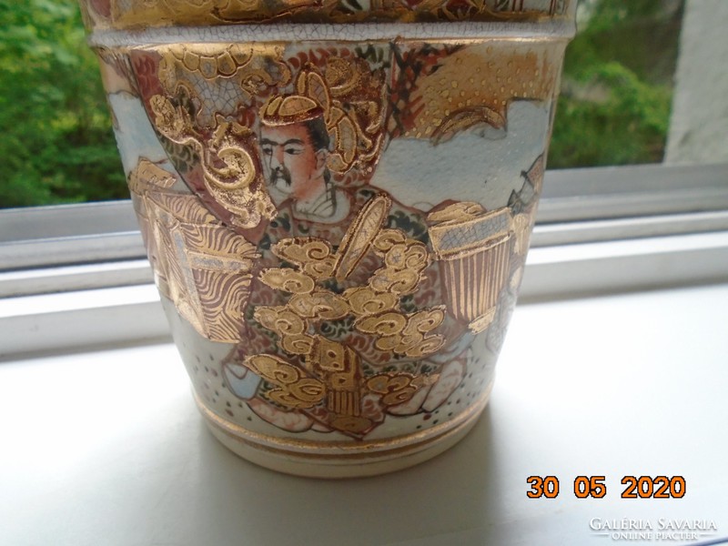 19.Sz rich gold brocade satsuma moriage water bucket shaped vase with 4 unique male portraits