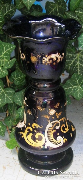Antique cobalt blue curled, blown, hand-painted glass vase,