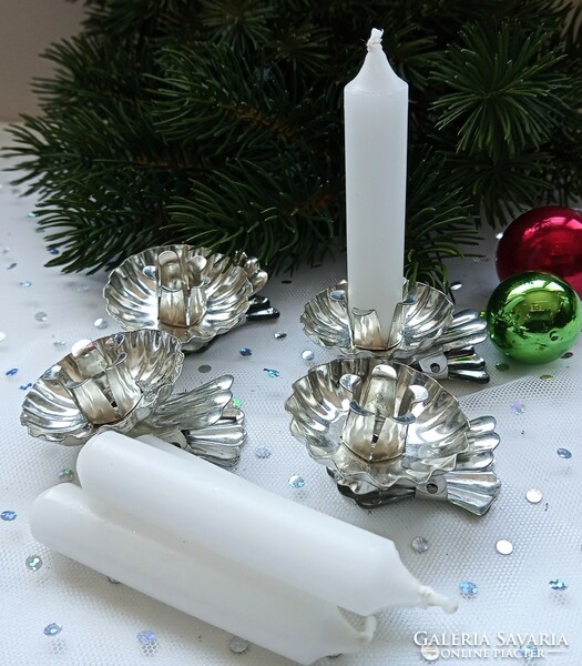 Old tilt-head candle holder metal clip and 4 candles 4 Christmas tree decorations