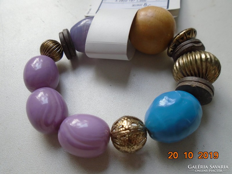 Brand new label bracelet made of gilded copper, purple and blue glass and wooden beads