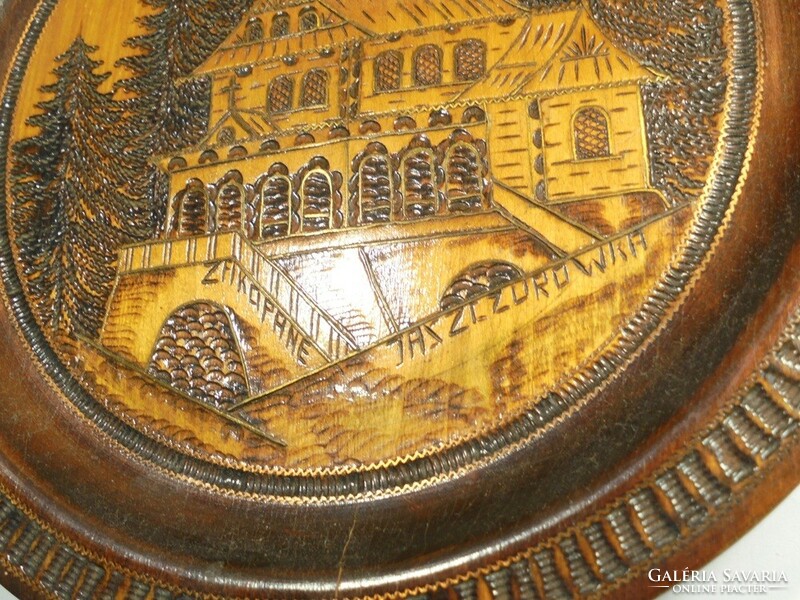 Régi Retro fa réz berakással falra akasztható tányér tál-Zakopane Jaszczurówk szuvenír turista emlék