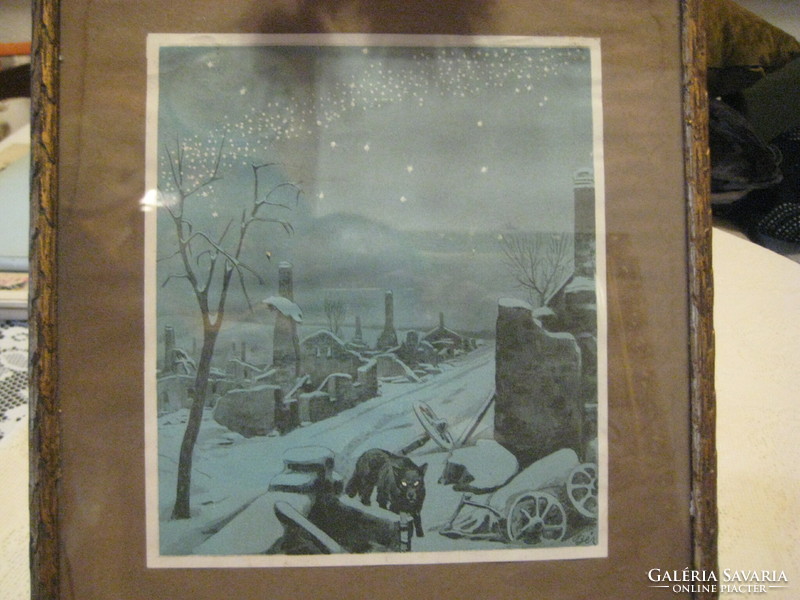 Dér  vagy Bér  ??   szignóval  aláírt  litografia  egy   I.vh -ban  elpusztízott települést  ábrázol