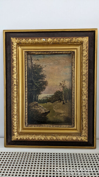 Oil landscape from the 1870s, painted on mahogany wood, in an original frame