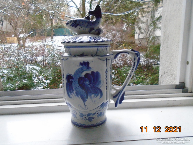 Spectacular hand-painted cobalt blue rooster pattern cup with a plastic fish with Gzel Czarist Russian mark