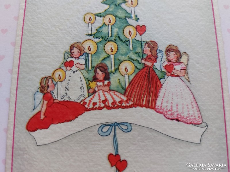 Old Christmas postcard style postcard with angels Christmas tree