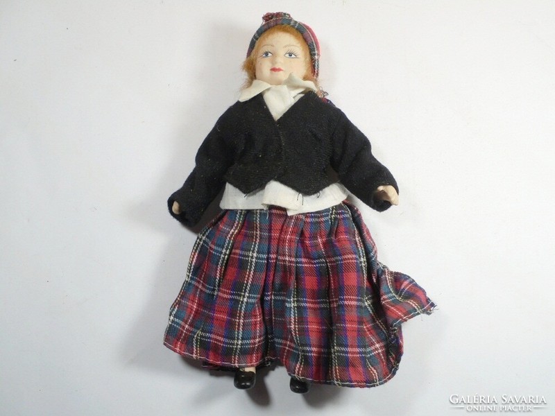 Retro vintage old toy porcelain doll in folk costume - Scottish checkered dress - height: 22 cm