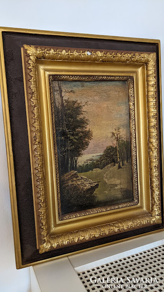 Oil landscape from the 1870s, painted on mahogany wood, in an original frame