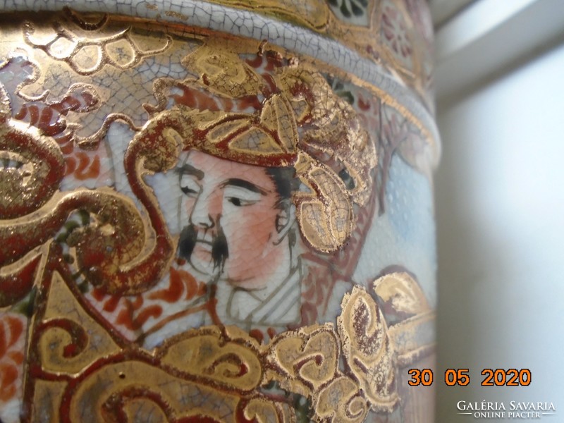 19.Sz rich gold brocade satsuma moriage water bucket shaped vase with 4 unique male portraits