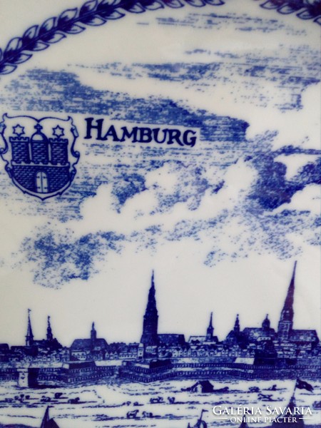 Kobaltkék címeres falitál egy középkori metszett után Hamburg kikötője,Schönwald Germany