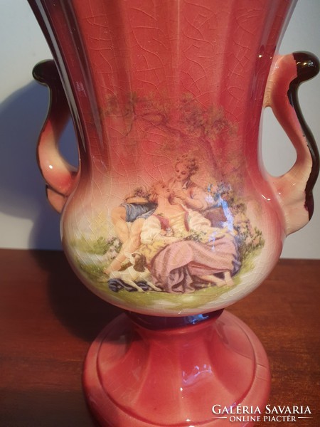 Antik jelenetes fajansz váza, 26,5 cm