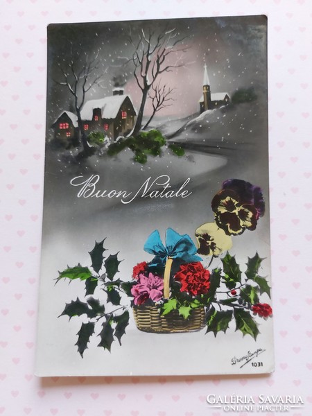 Régi karácsonyi képeslap 1933 levelezőlap virágok templom hóesés