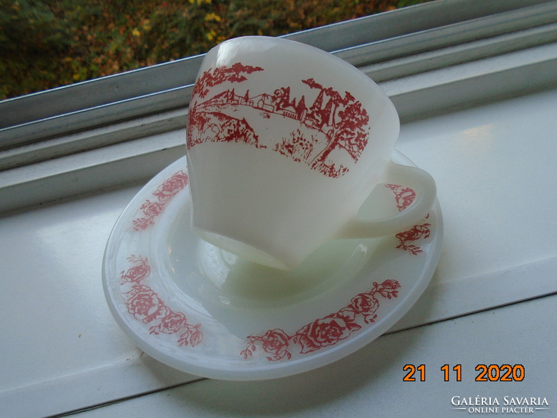 Körpanorámás mintával csészéjén,virág mintával az alátéten,üveg porcelán készlett