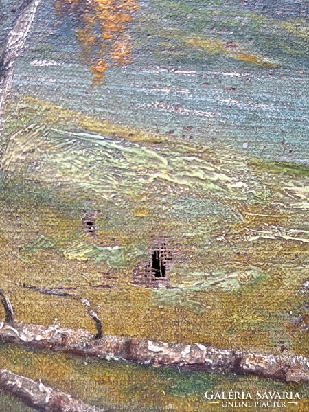 Tájkép nyírfával - antik olajfestmény azonosítatlan jelzéssel (teljes méret 31x40 cm)