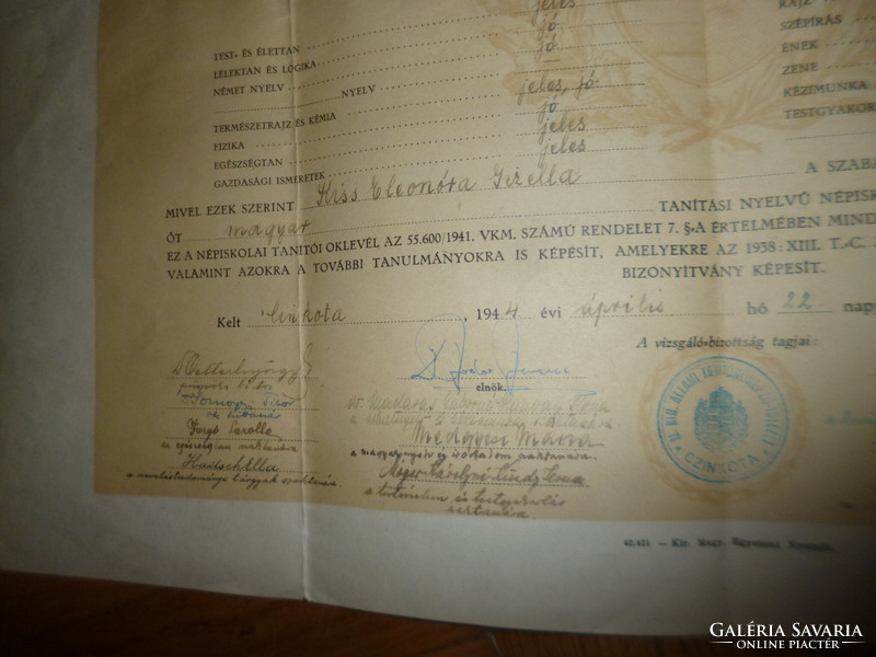 Old folk school teacher's certificate 1944 cinkota 50x42cm