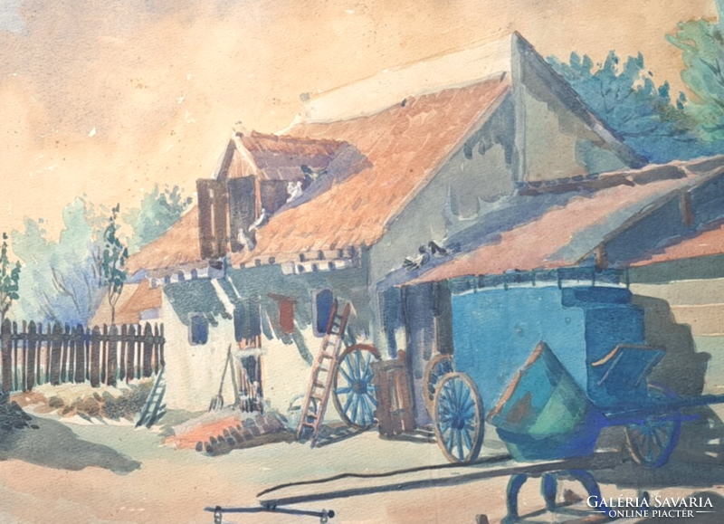 Lajos Kiss: courtyard of a village house - farm, 1932 (watercolor, full size 47x38.5 cm) 90-year-old painting!