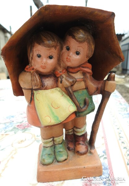 Children under the umbrella - antique marked ceramic figure - made in Hungary