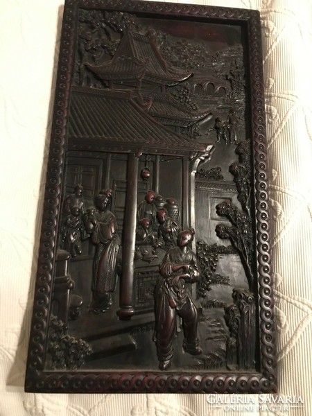Wall picture with images of oriental life. Made of carved grease stone. 31X55 cm, beautiful, flawless.