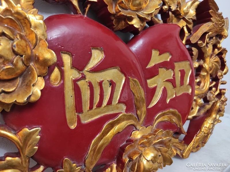 Antik kínai faragott TUDÁS felirat aranyozott madár virág motívum  374 6337
