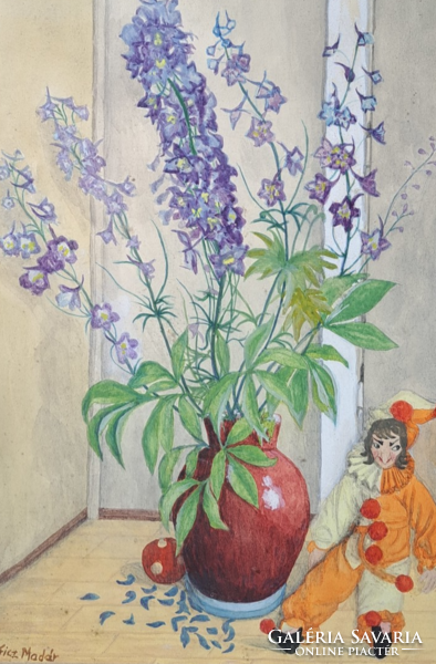 Margit Móricz: clownish flower still life (watercolor, full size 46x35 cm) Móricz bird