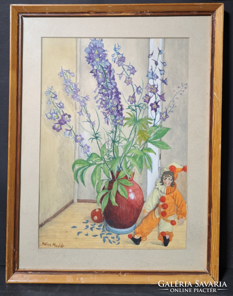 Margit Móricz: clownish flower still life (watercolor, full size 46x35 cm) Móricz bird