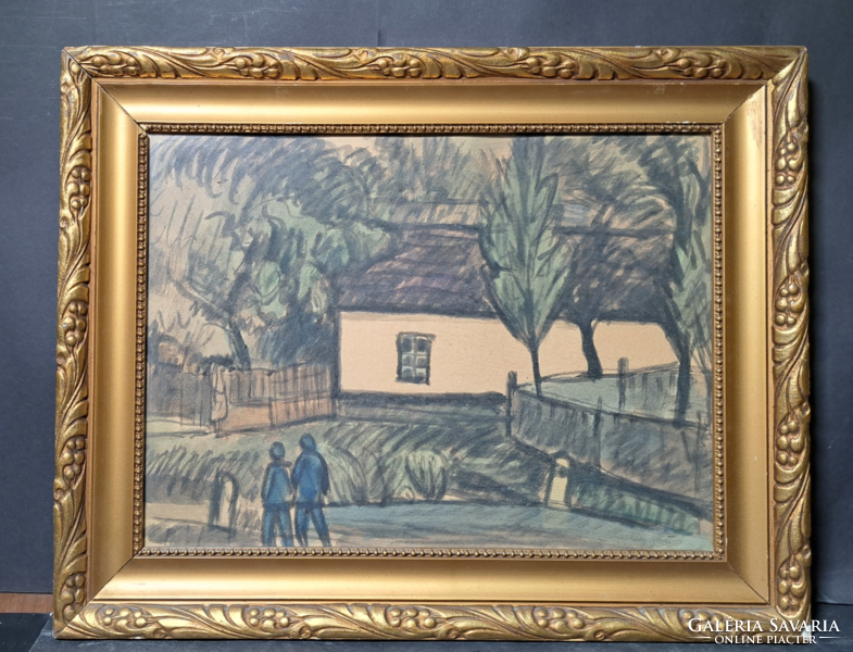 Nyergesi János: Kékruhás járókelők - akvarell (teljes méret 51,5x41 cm)