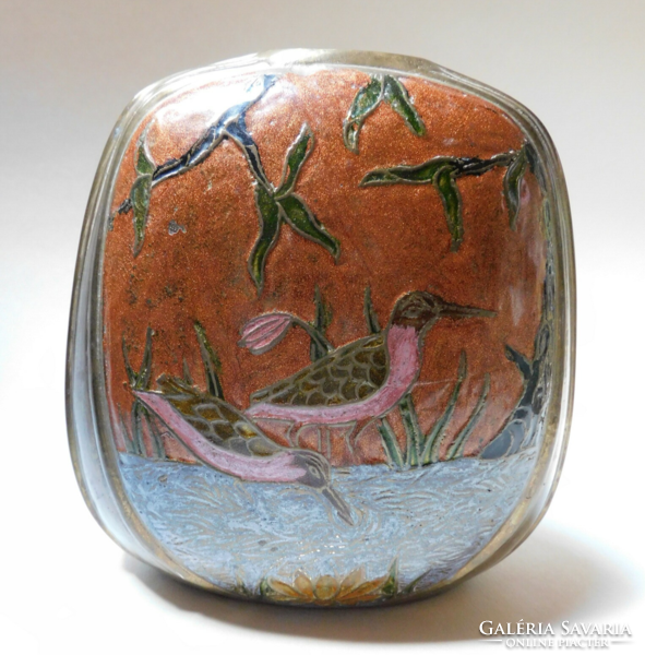 Fire-enamelled copper vase with a wading bird motif