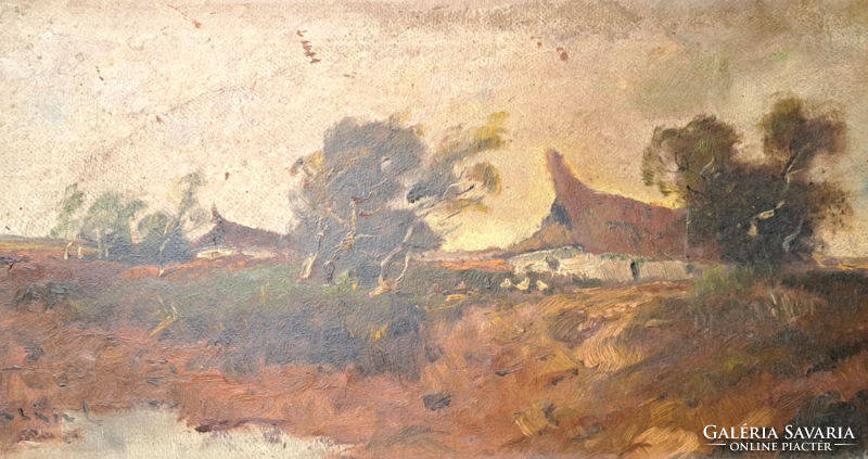 Tájkép tanyával Halász L. jelzéssel - olajfestmény (teljes méret 56x34,5 cm)