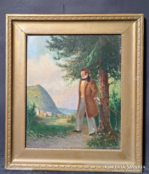 Franz Schubert - a merengő komponista portréja - olaj, fa, (35x40 cm)