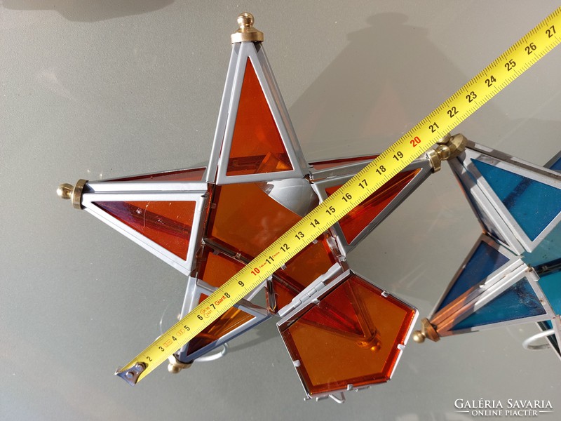 Karácsonyi nagy csillag függeszthető mécsestartó kék narancssárga üvegcsillag 2 db