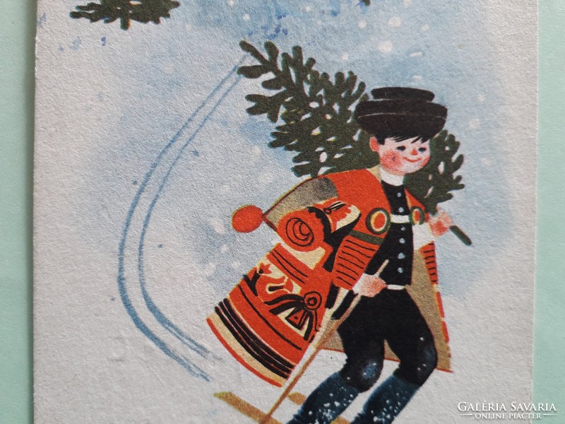 Régi karácsonyi képeslap 1966 rajzos levelezőlap népviseletes síelő havas fenyőerdő