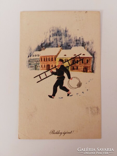 Régi újévi képeslap 1965 rajzos levelezőlap kéményseprő havas utca