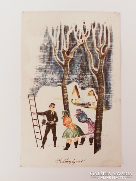 Régi újévi képeslap 1964 rajzos levelezőlap kéményseprő népviselet utcai beszélgetés