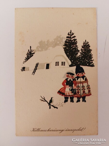 Régi karácsonyi képeslap 1967 rajzos levelezőlap népviselet havas táj kismadár