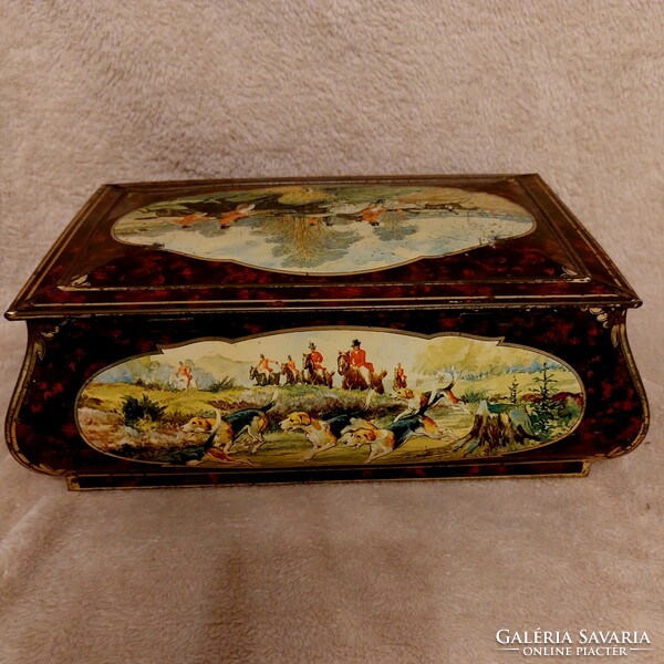 Old hunting scene lithographed metal box.