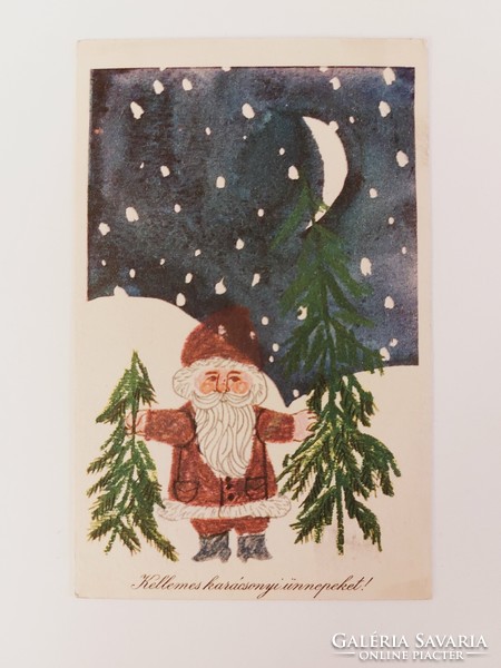 Régi karácsonyi képeslap 1965 rajzos levelezőlap Télapó Mikulás fenyőfa