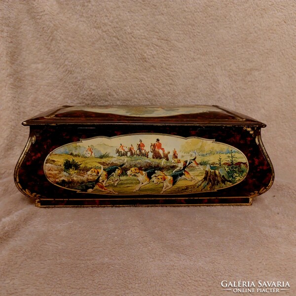 Old hunting scene lithographed metal box.