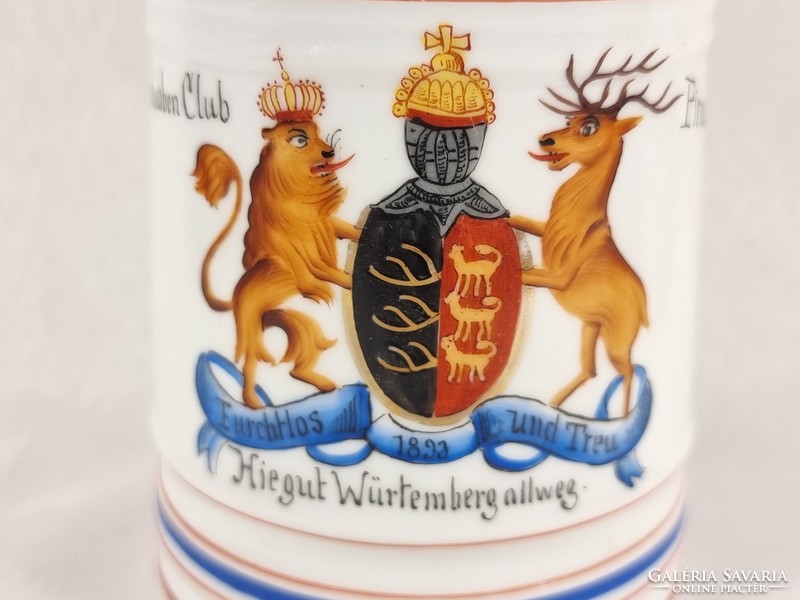 Ludvig weber 1893 painted porcelain mug with coat of arms. Pub scene facing the light at the bottom