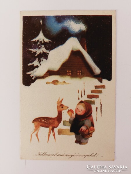 Old Christmas postcard 1962 picture postcard deer feeding