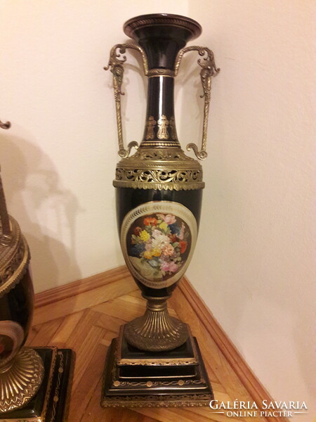 Hatalmas 2 db 63 cm régi klasszicista empire stílusú bronz szerelék porcelán váza pár kandalló dísz