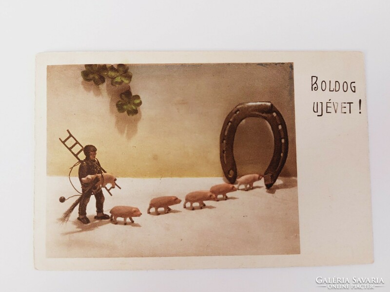Old New Year's card 1941 postcard chimney sweep pigs clover horseshoe