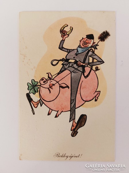 Old New Year postcard with picture 1962 postcard chimney sweep pig clover horseshoe