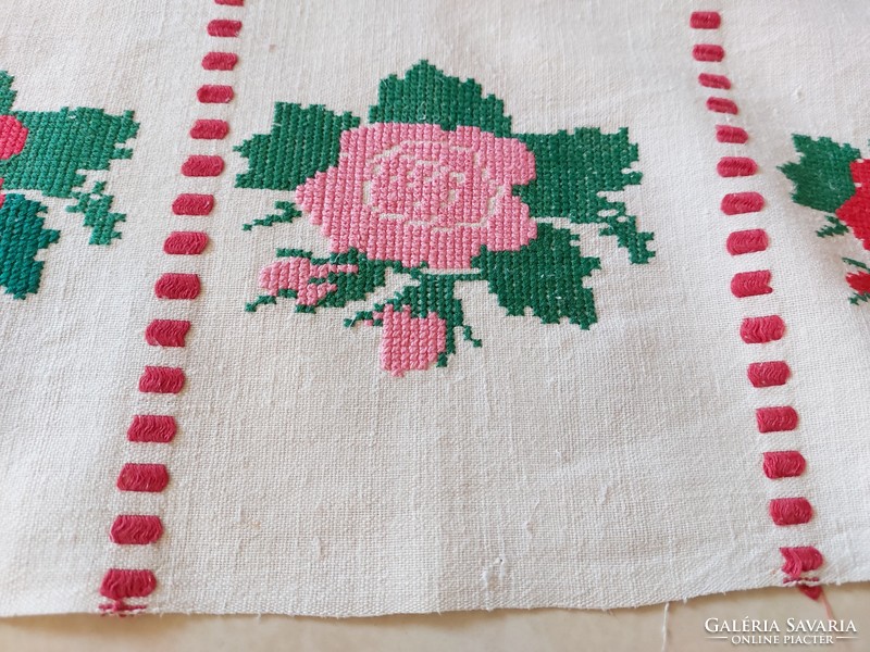 Old folk linen rosy fringed kitchen textile tea towel towel