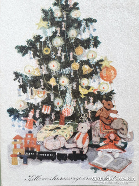 Régi karácsonyi képeslap 1960 rajzos levelezőlap karácsonyfa játékok mackó vonat