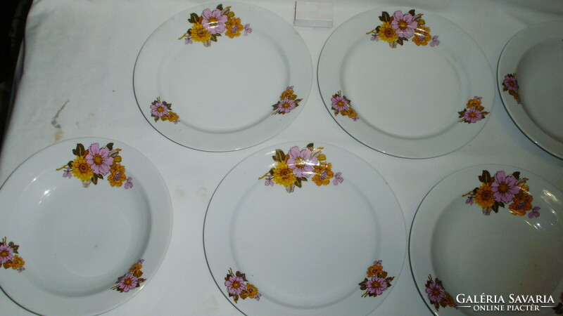 Plain porcelain plates with flowers - three deep and three flat - together - to make up for the shortage