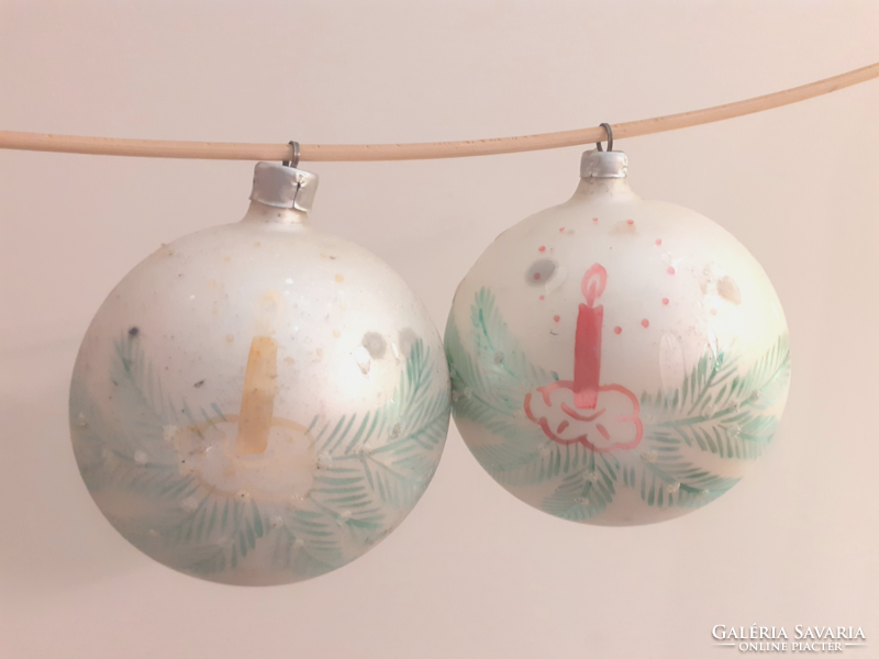 Retro glass Christmas tree ornament white painted pine branch sphere old glass ornament 2 pcs