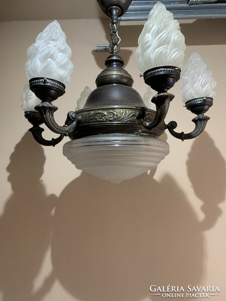 6-arm antique bronze chandelier with flame shade