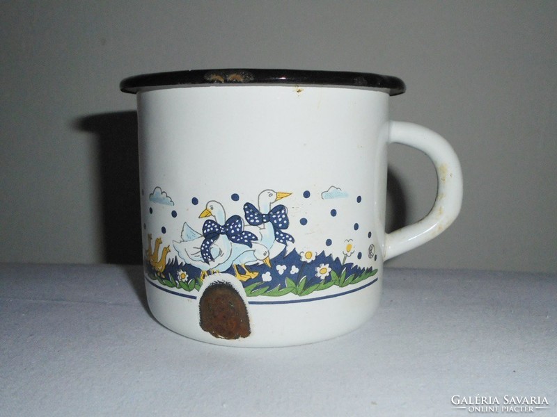 Retro enameled mug - fairy tale pattern - meadow geese geese - from the 1970s