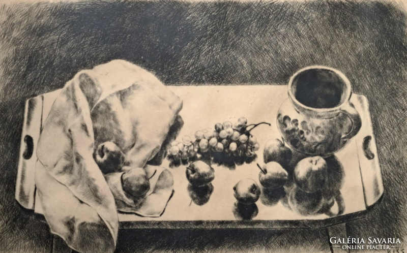 Terezia Kiss: still life with grapes, apples and jug - tray table (full size 34x47 cm)