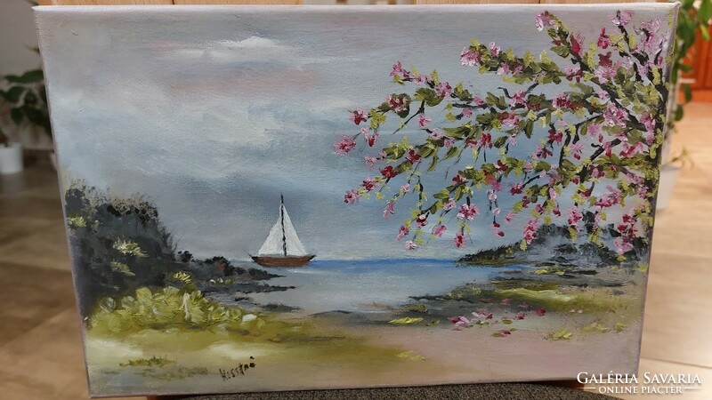 (K) landscape painting, waterfront with small boat 20x30 cm