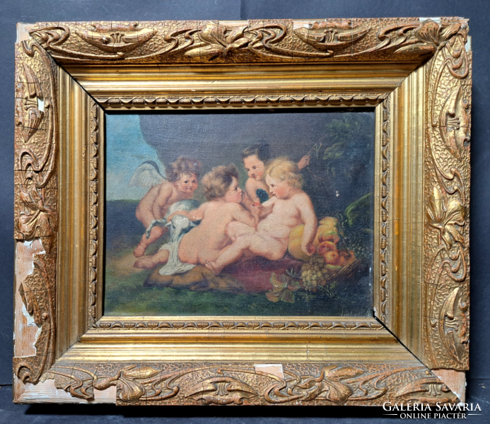 Peter paul rubens: baby jesus with saint john and the angels - antique oil painting copy